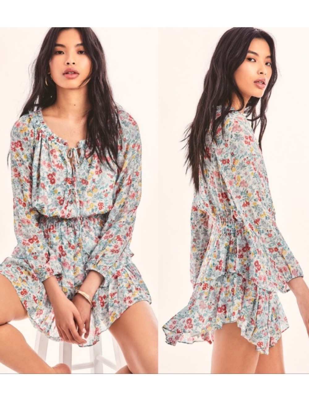 Love Shack Fancy Popover Dress Blue Floral Cottagecore Flowy Luxe Boheme